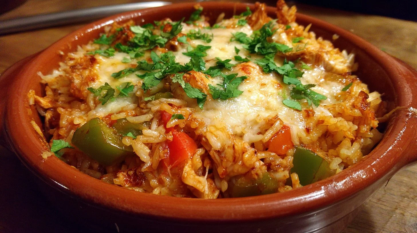 Delicious Chicken Fajita Rice Casserole topped with colorful vegetables