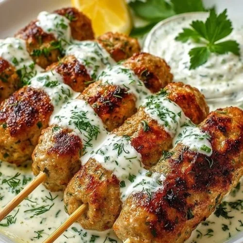 Plate of Chicken Kofta with garlic yogurt sauce garnished with herbs