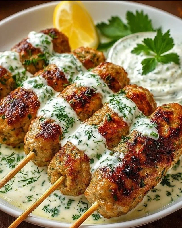 Plate of Chicken Kofta with garlic yogurt sauce garnished with herbs