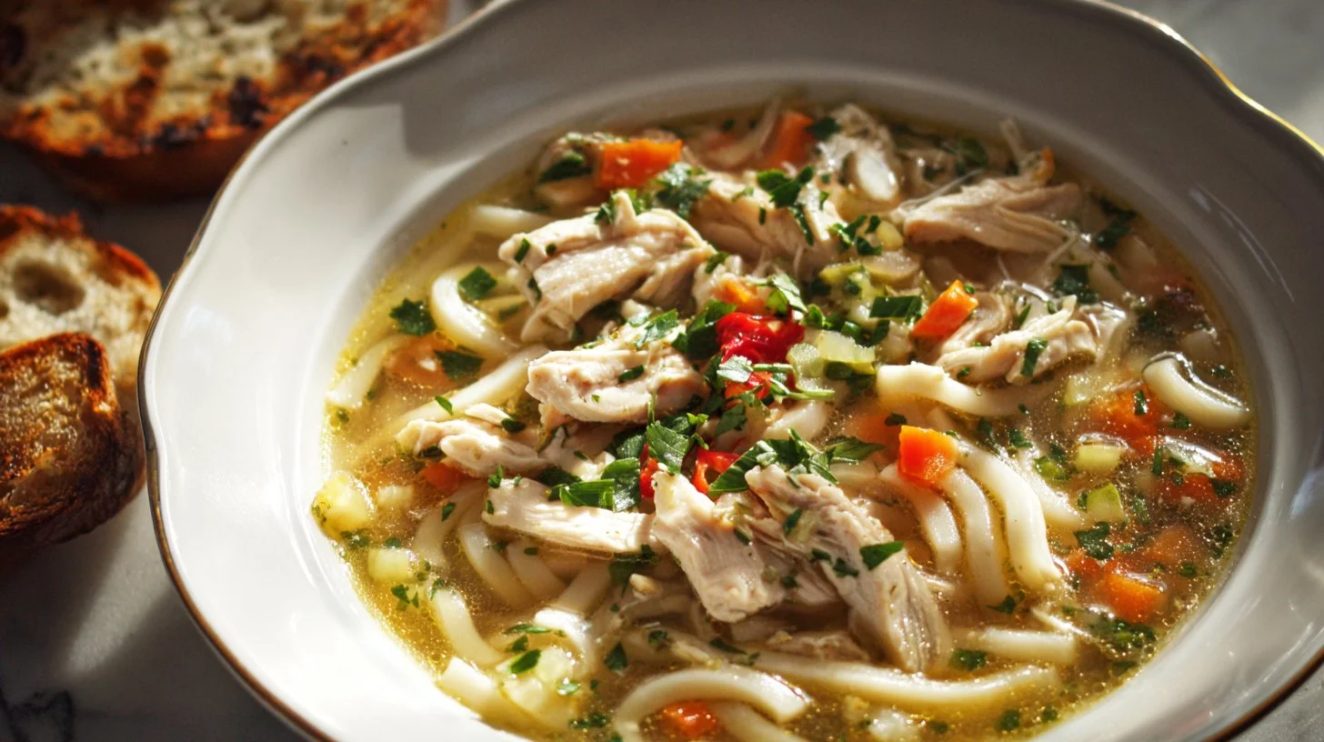 Bowl of Cold Fighting Chicken Noodle Soup with vegetables and chicken