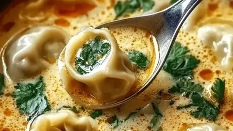 Bowl of delicious Thai Potsticker Soup with dumplings and fresh herbs