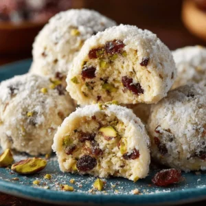 Cranberry pistachio snowball cookies arranged on a festive plate.