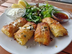 A plate of crispy feta rolls, golden brown and deliciously crispy.