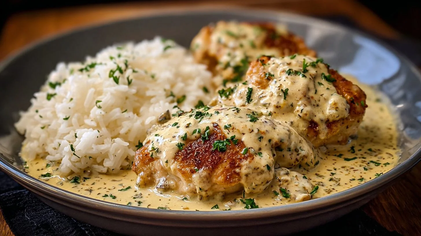 Delicious creamy smothered chicken served over rice with a rich sauce.