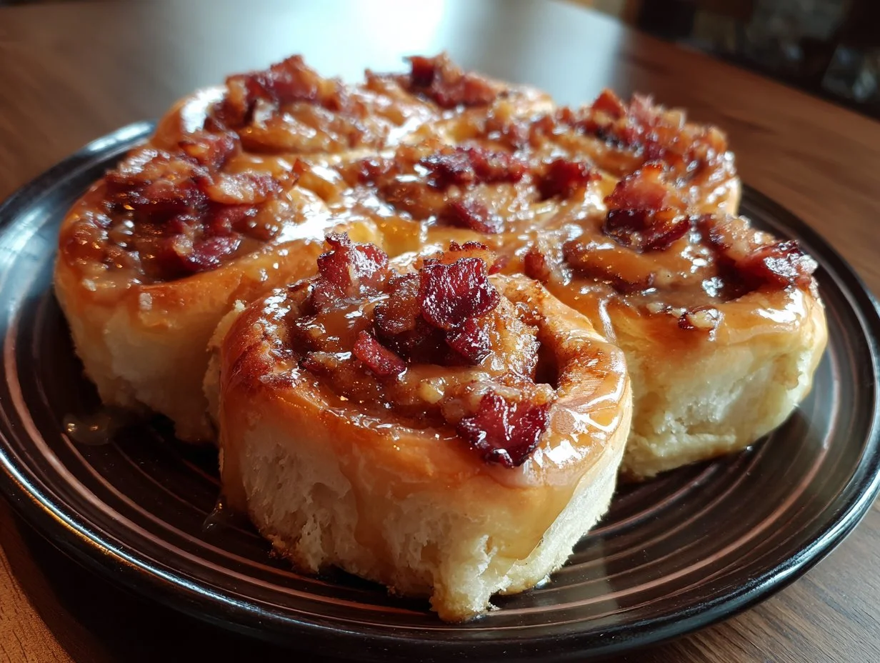Delicious easy maple bacon cinnamon rolls stacked on a plate