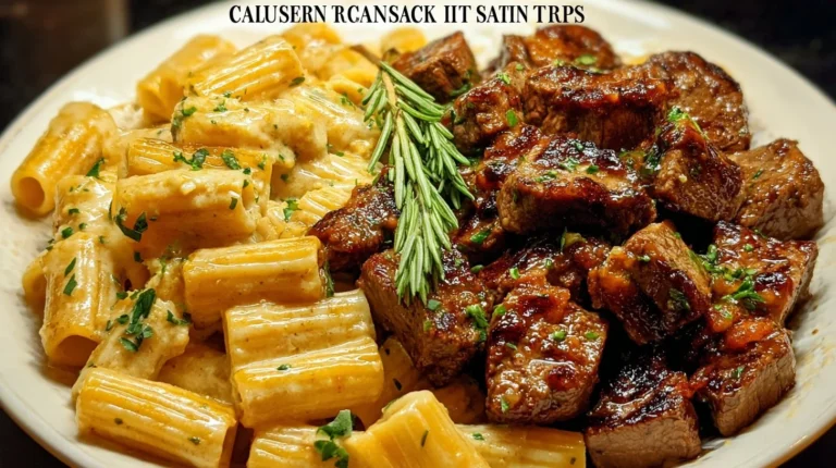 Delicious Cajun steak tips served with cheesy rigatoni in a flavorful dish