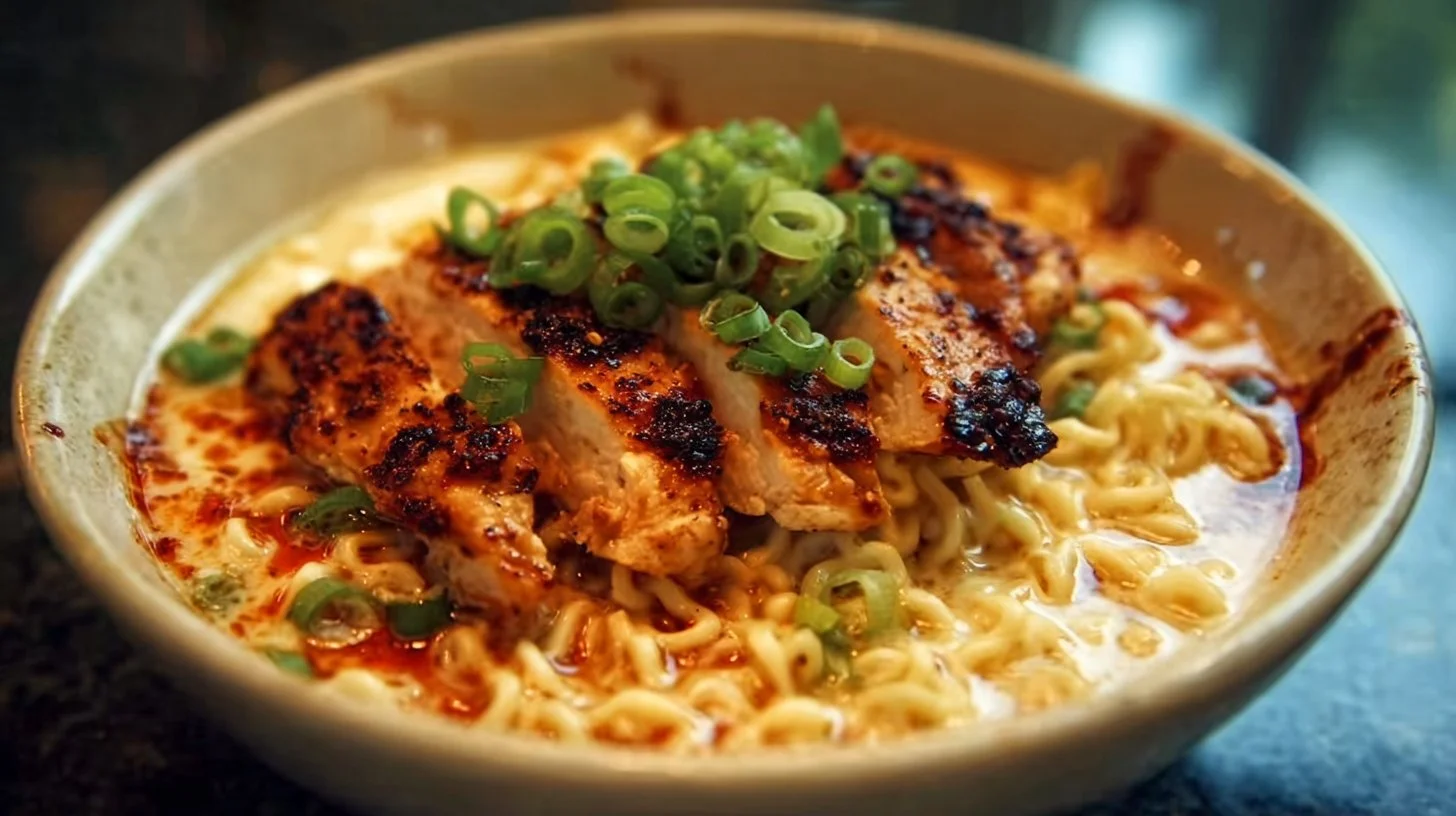 Bowl of fiery chicken ramen topped with green onions and chili flakes