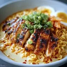 Fiery Chicken Ramen with Creamy Garlic Sauce