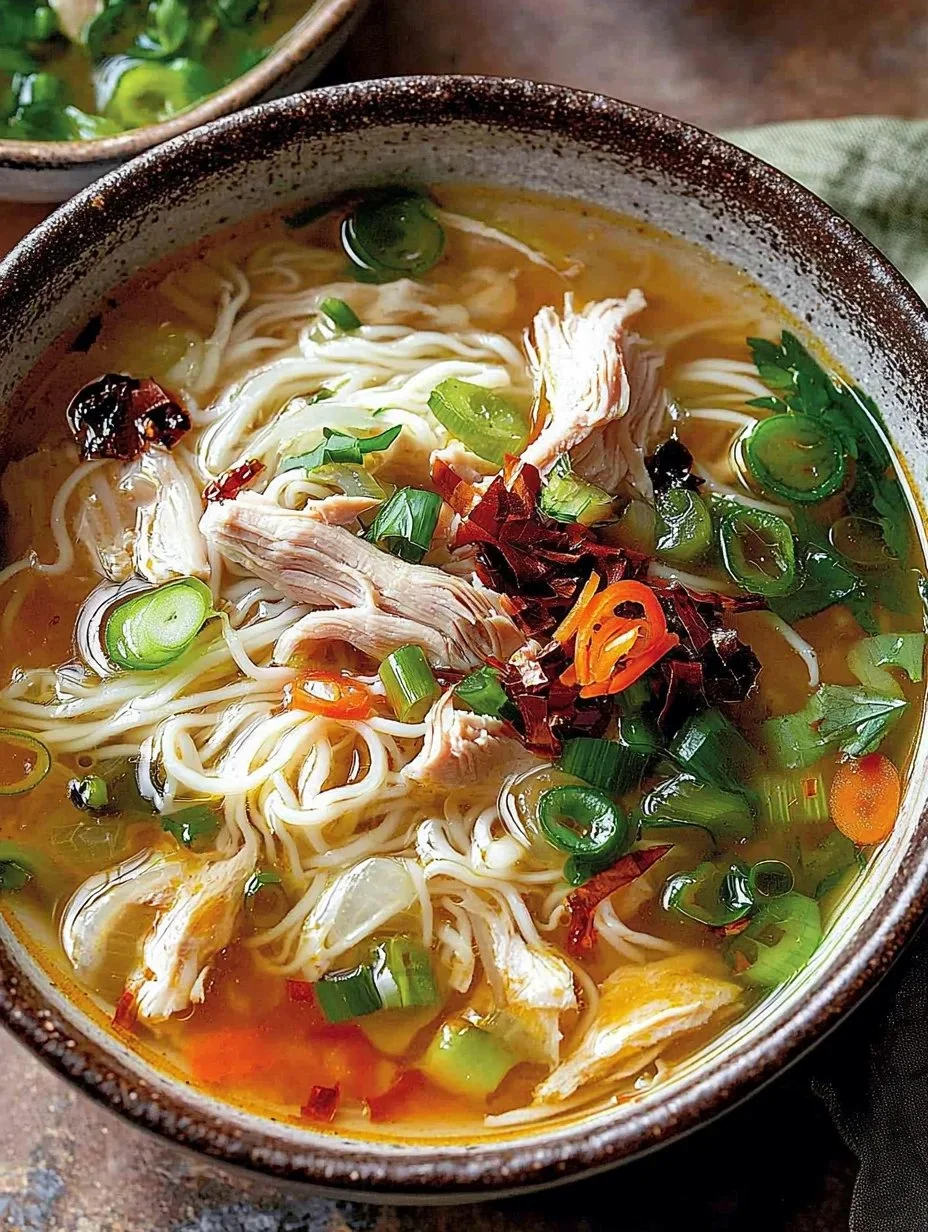 Bowl of Ginger Garlic Chicken Noodle Soup with fresh ingredients.