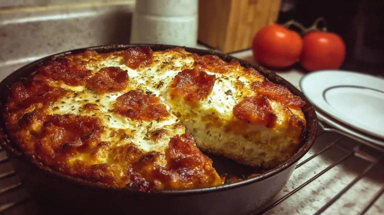 Gluten-Free Cottage Cheese Pizza Bake topped with fresh ingredients