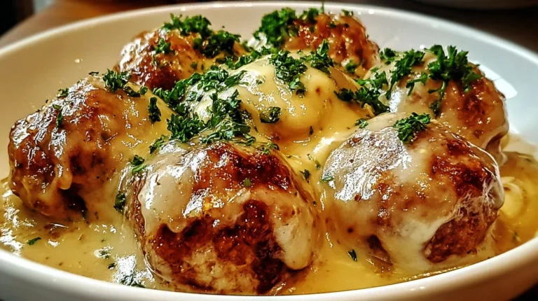Gluten-Free Crock Pot French Onion Meatballs served in a bowl garnished with herbs.
