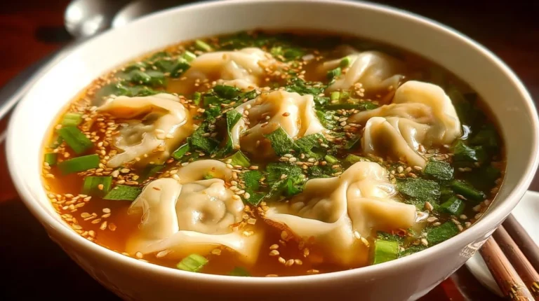 Bowl of gluten-free wonton soup with fresh herbs and dumplings