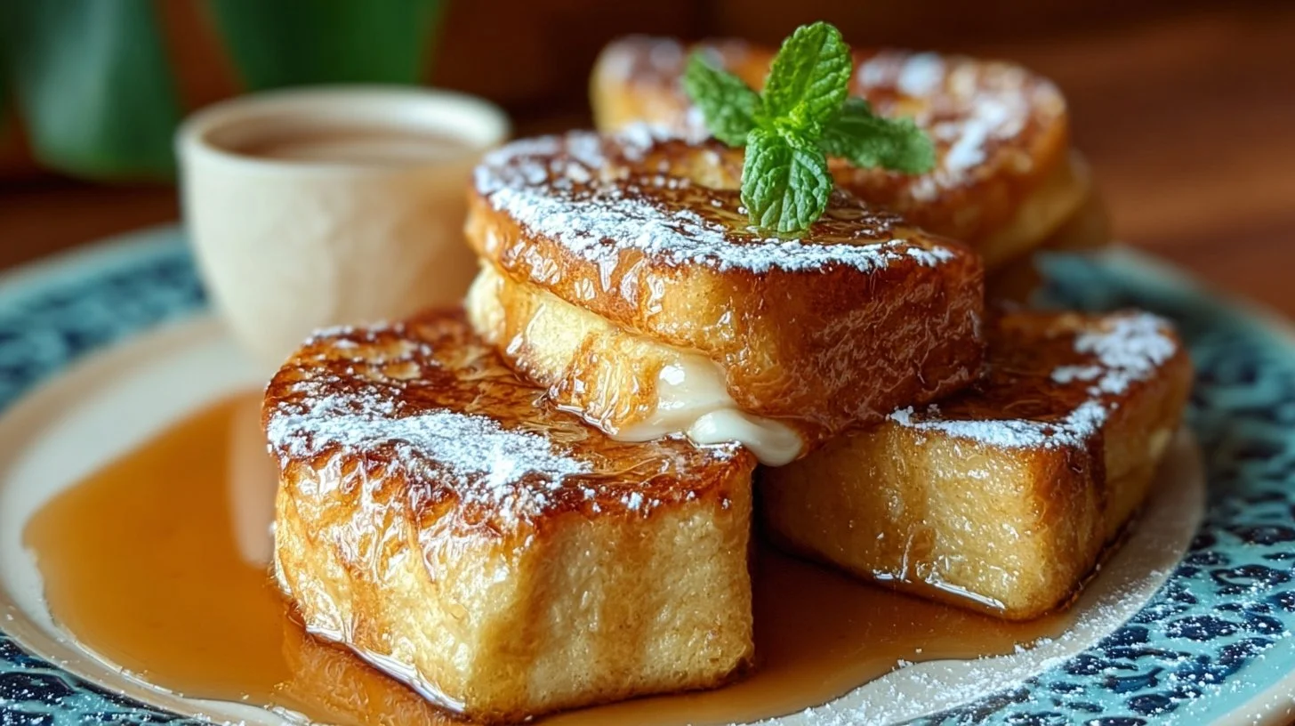 Delicious Hawaiian Roll French Toast with fresh fruit and syrup