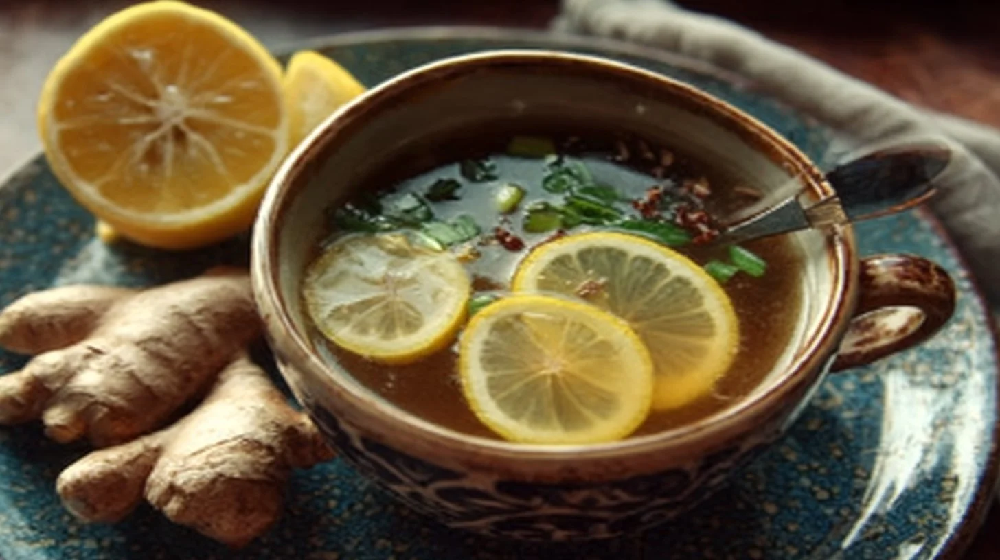 A bowl of Healing Miso-Ginger Lemon Detox Broth with vibrant ingredients.