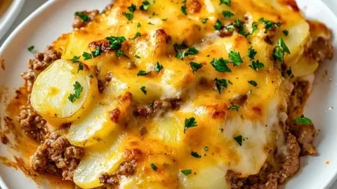 Delicious Hobo Casserole made with ground beef, vegetables, and cheese