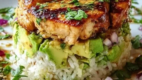 Honey Lime Chicken served with Avocado Rice Stack on a plate