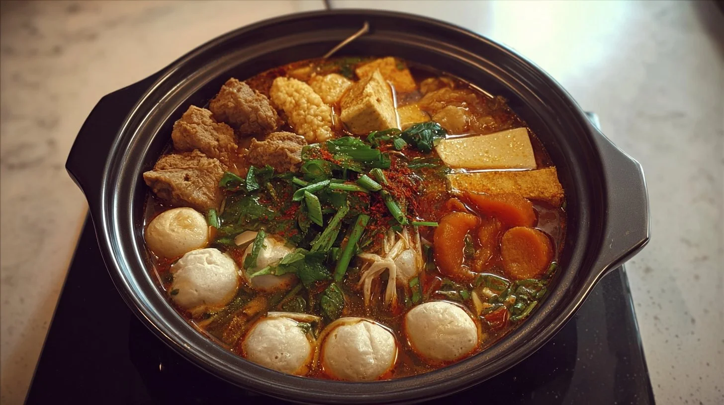 A bowl of homemade Malatang with fresh ingredients and spicy broth.