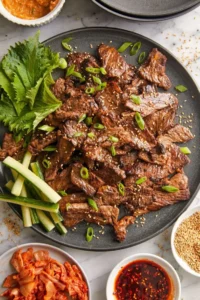 Delicious Korean Beef Bulgogi served with rice and vegetables
