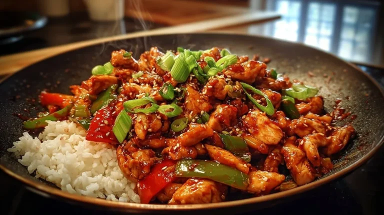 Delicious Korean spicy chicken stir fry served with colorful vegetables