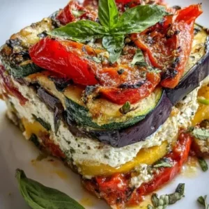 Layered Mediterranean Vegetable Lasagna with Creamy Ricotta topped with fresh vegetables