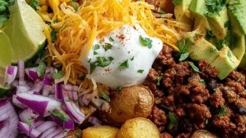 Delicious loaded potato taco bowl topped with cheese and toppings