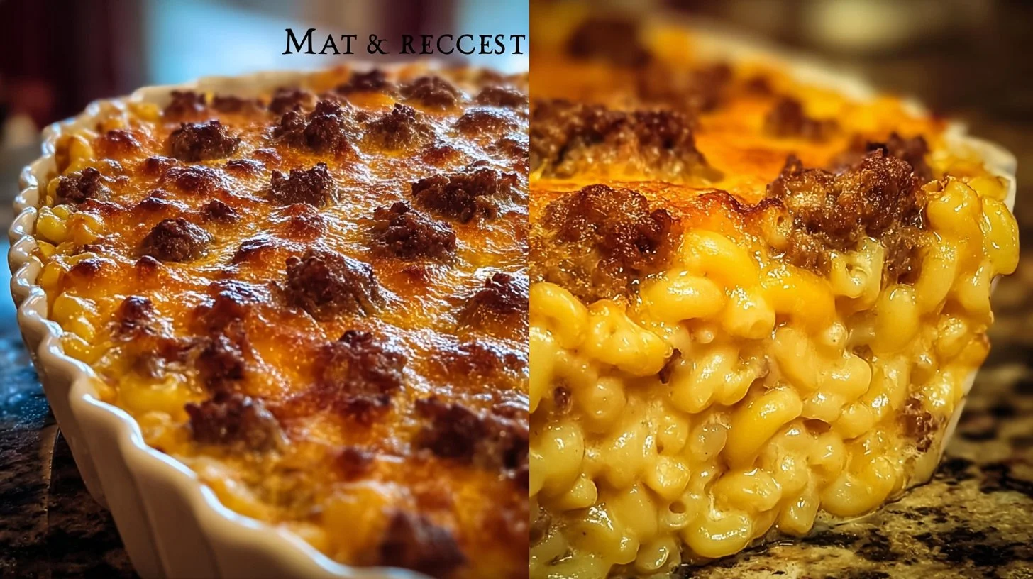 Mac and Cheese Meatloaf casserole served on a plate with melted cheese topping