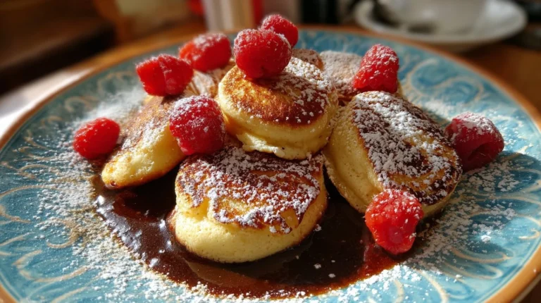 Mini German pancakes served on a plate with syrup and fruit garnish.
