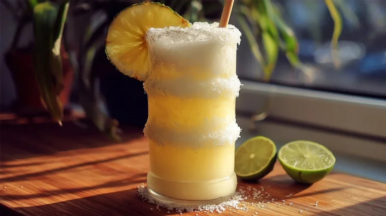 Refreshing Non Alcoholic Piña Colada Punch served in a tropical glass with fruit garnish