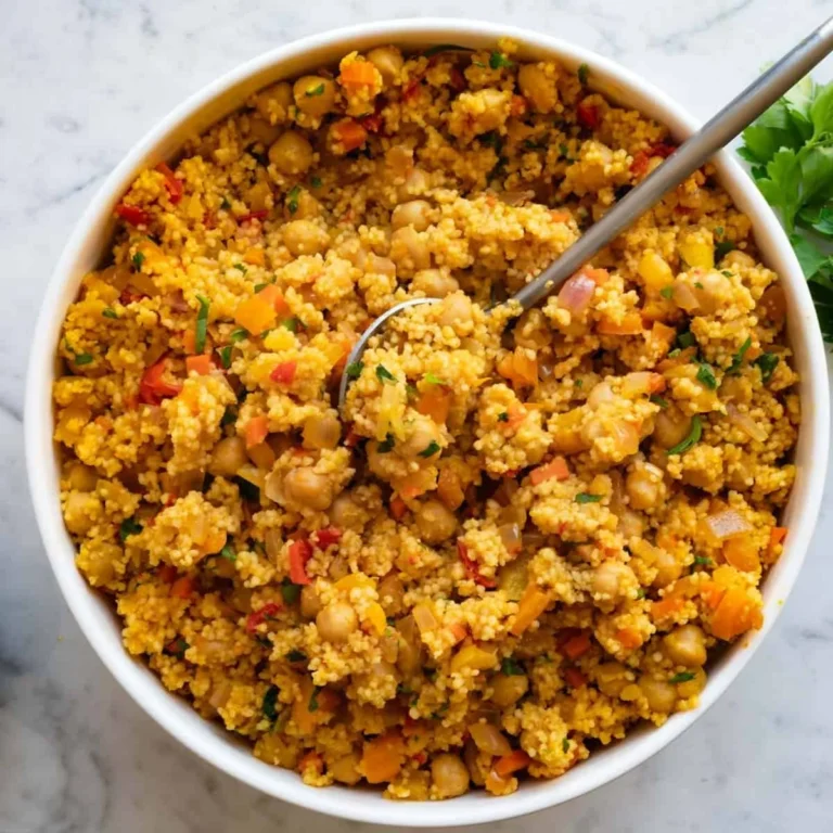 One-Pot Moroccan Couscous dish with chickpeas and vegetables served in a bowl