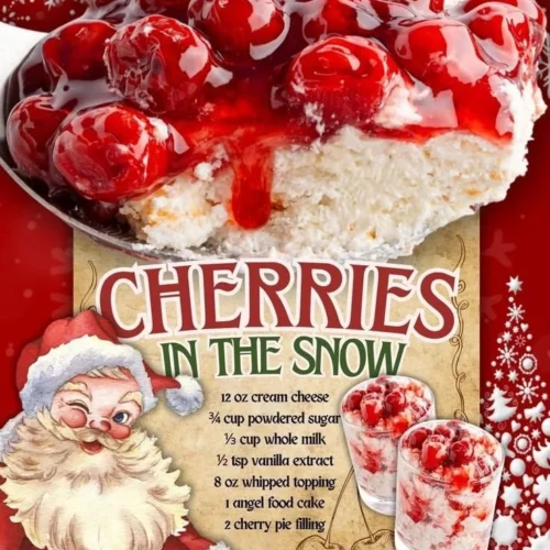 Delicious cherries in the snow dessert with cream cheese and powdered sugar