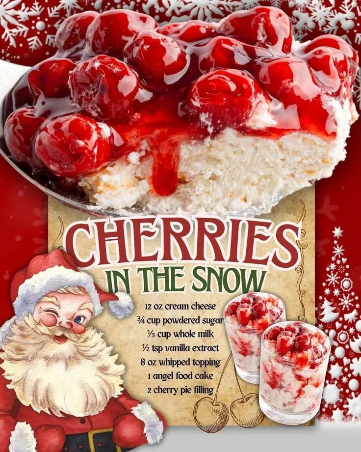 Delicious cherries in the snow dessert with cream cheese and powdered sugar