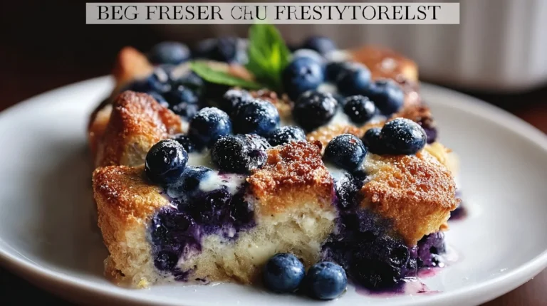 Quick blueberry French toast casserole baked until golden brown and topped with fresh berries.