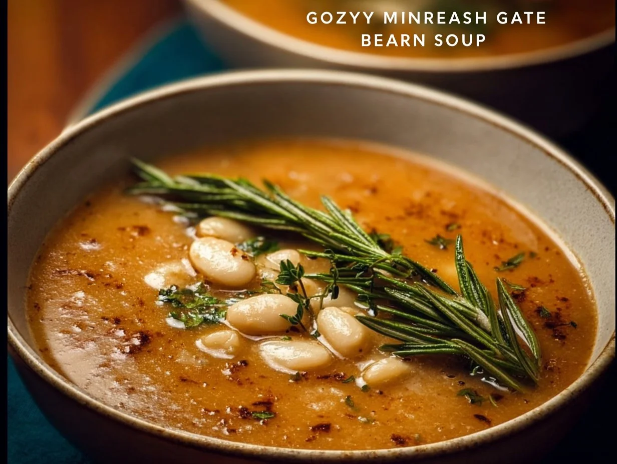 Bowl of roasted garlic and white bean soup garnished with fresh herbs