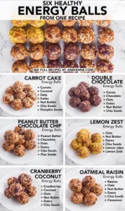 Poster showcasing six healthy energy balls recipes from one base recipe.