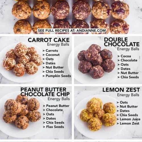 Poster showcasing six healthy energy balls recipes from one base recipe.