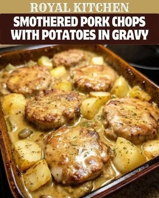 Delicious smothered pork chops served with potatoes in rich gravy