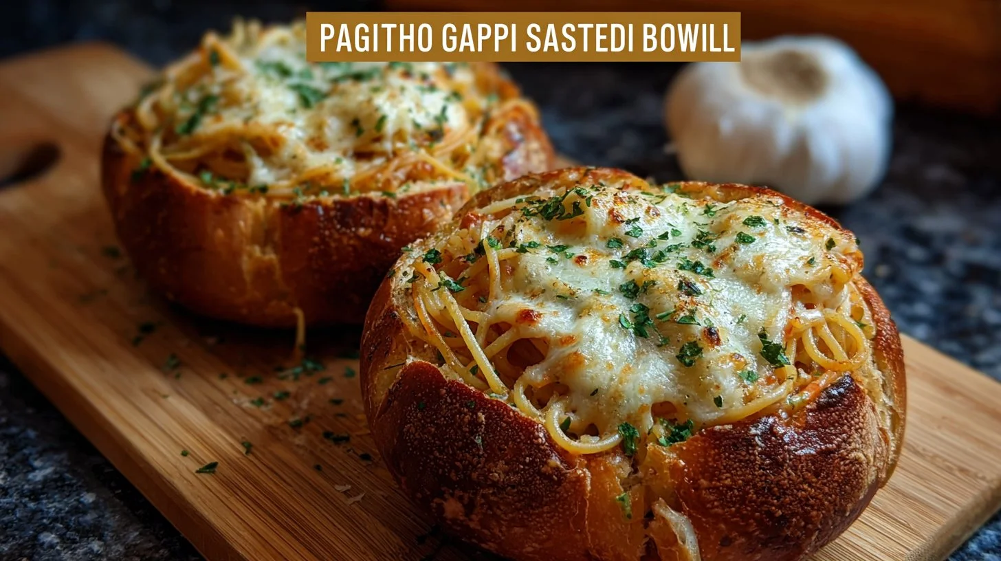 Spaghetti served in crispy garlic bread bowls, a delicious meal idea.