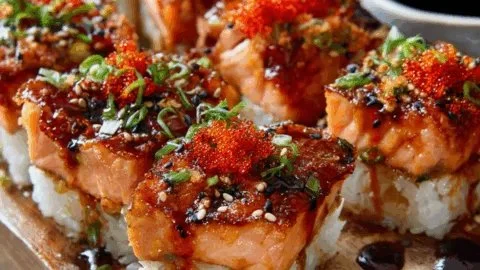 Delicious Spicy Salmon Sushi Bake served in a dish, garnished with green onions
