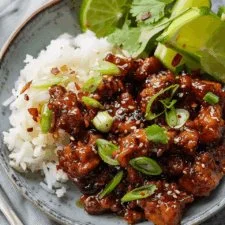 Sticky spicy tempeh garnished with herbs on a plate