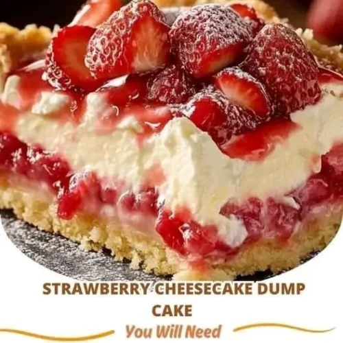 Strawberry Cheesecake Dump Cake Delicious strawberry cheesecake dump cake topped with fresh strawberries and whipped cream.