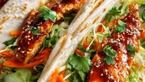 Sweet chili chicken wraps on a plate, garnished and ready to serve.
