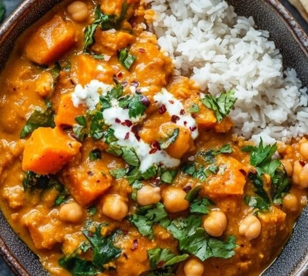 Delicious sweet potato and chickpea curry served in a bowl with spices.