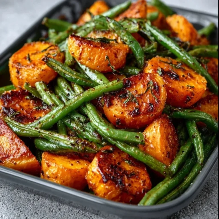 Sweet Potato and Green Bean Tray Bake fresh out of the oven