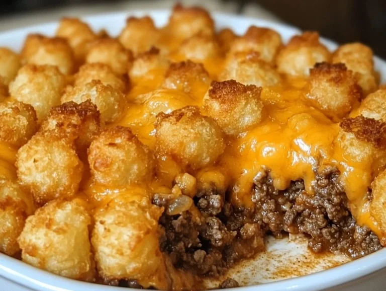 Baked Tater Tot Casserole topped with ground beef and cheese