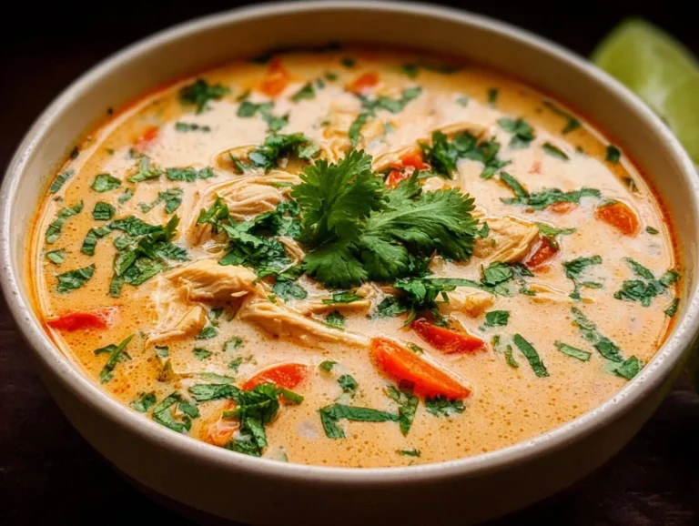 Bowl of Thai Coconut Chicken Soup garnished with herbs and lime.