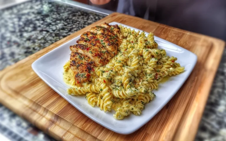 A plate of creamy garlic parmesan chicken pasta garnished with herbs