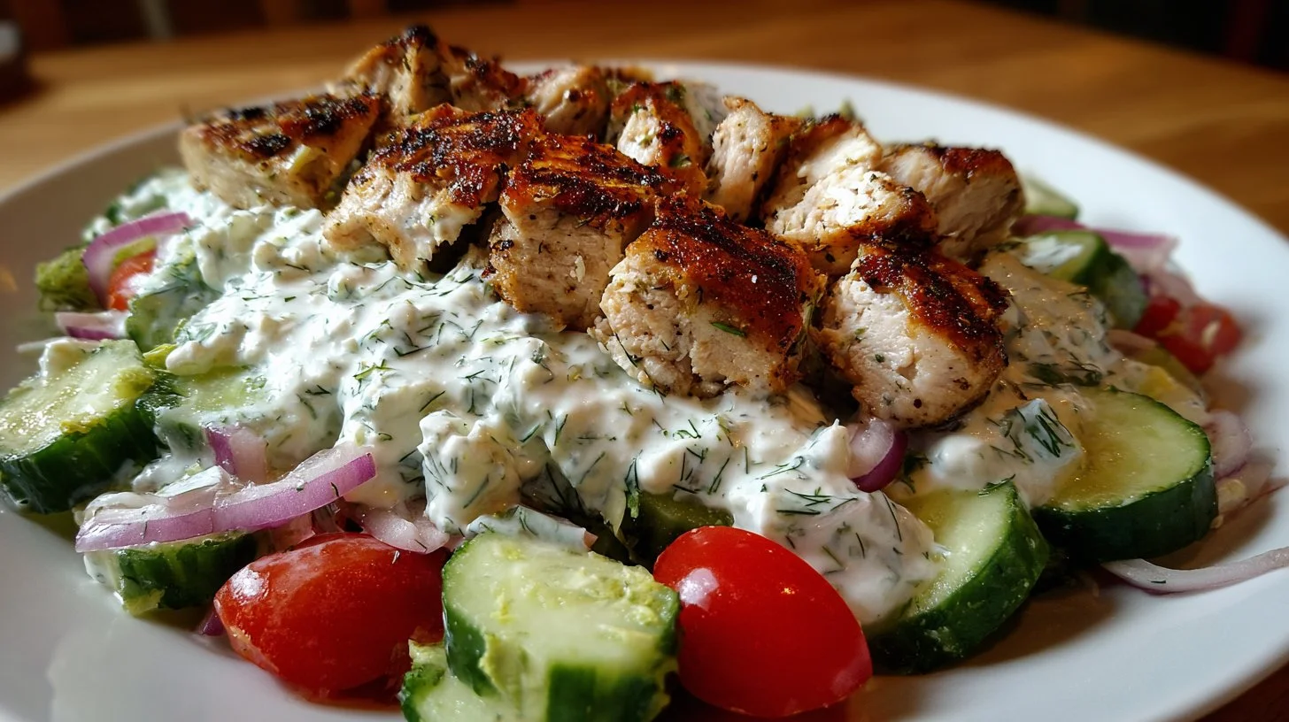 Delicious Tzatziki Chicken Salad with fresh vegetables and creamy dressing
