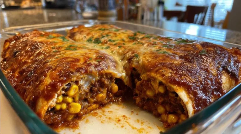 Plate of vegetarian black bean enchiladas topped with sauce and cheese