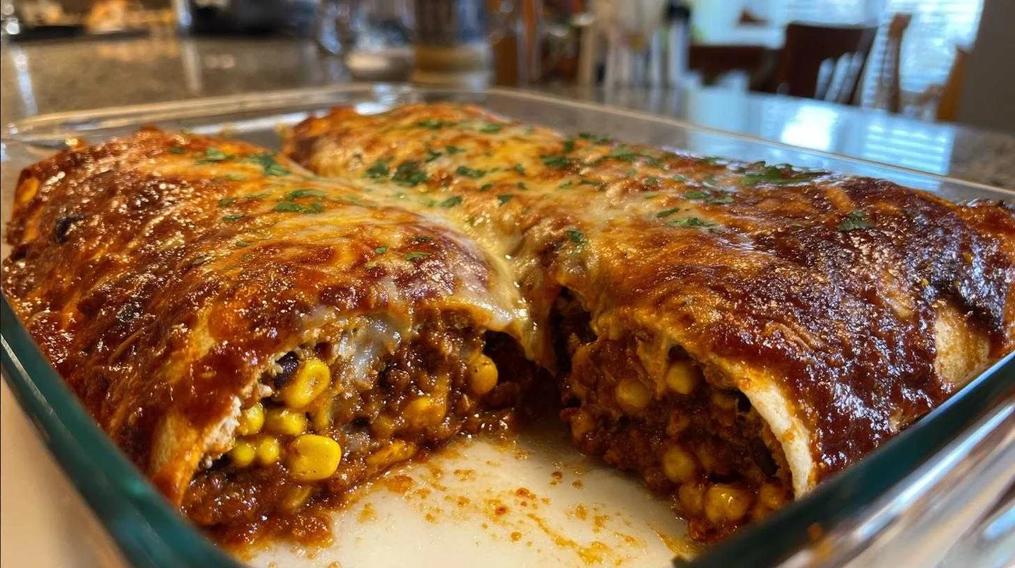 Plate of vegetarian black bean enchiladas topped with sauce and cheese