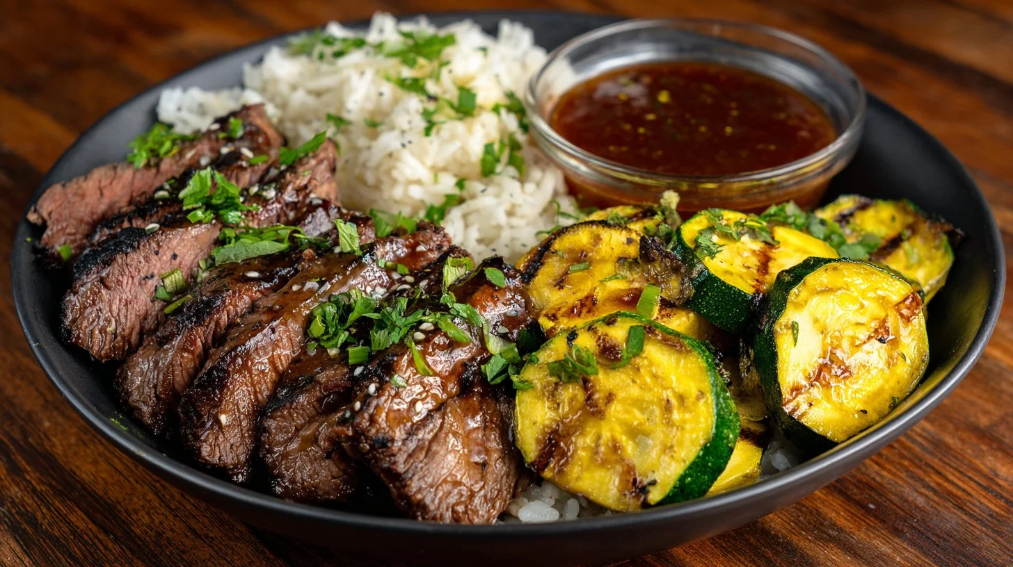 Delicious grilled steak bowl with creamy sauce and grilled zucchini garnish